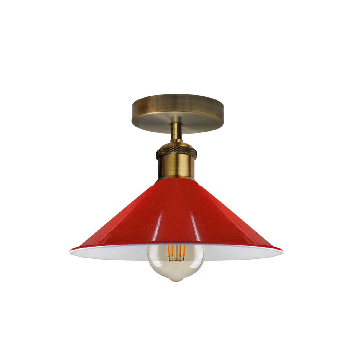 Flush Mount Cone Ceiling Light 22 cm – E27, 20 Shade Colours - Yellow Brass, Flat Cone 22 cm Red, Without Bulb