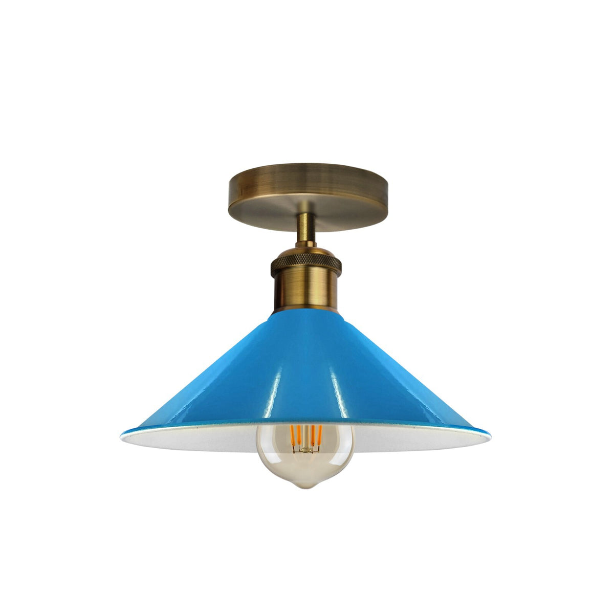 Flush Mount Cone Ceiling Light 22 cm – E27, 20 Shade Colours - Yellow Brass, Flat Cone 22 cm Blue, Without Bulb