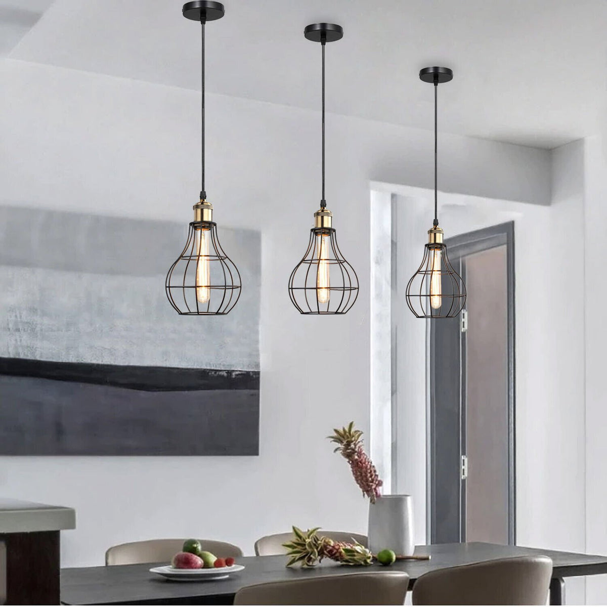 Balloon Cage Pendant Light – Black Wire Cage, Brass E27 Holder - photo 5