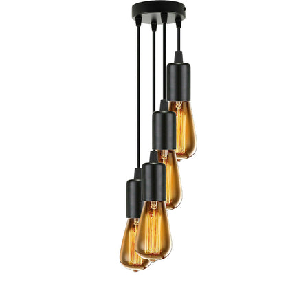 4 Light Cluster Pendant – Black, Braided Cable, Staggered, E27