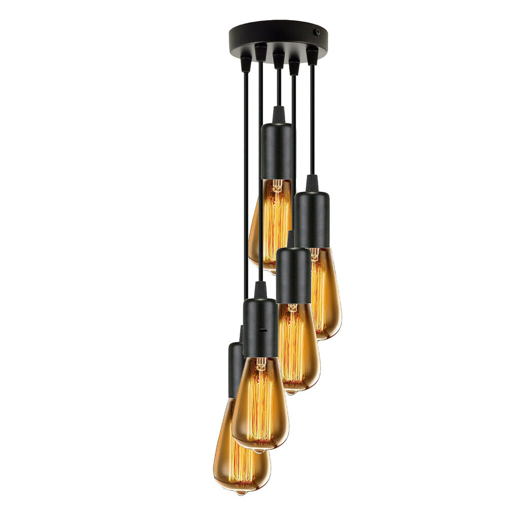 5 Light Cluster Pendant – Black, Braided Cable, Staggered, E27