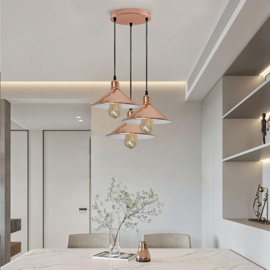 3-Light Pendant Cluster – Rose Gold Cones or Metal Cages