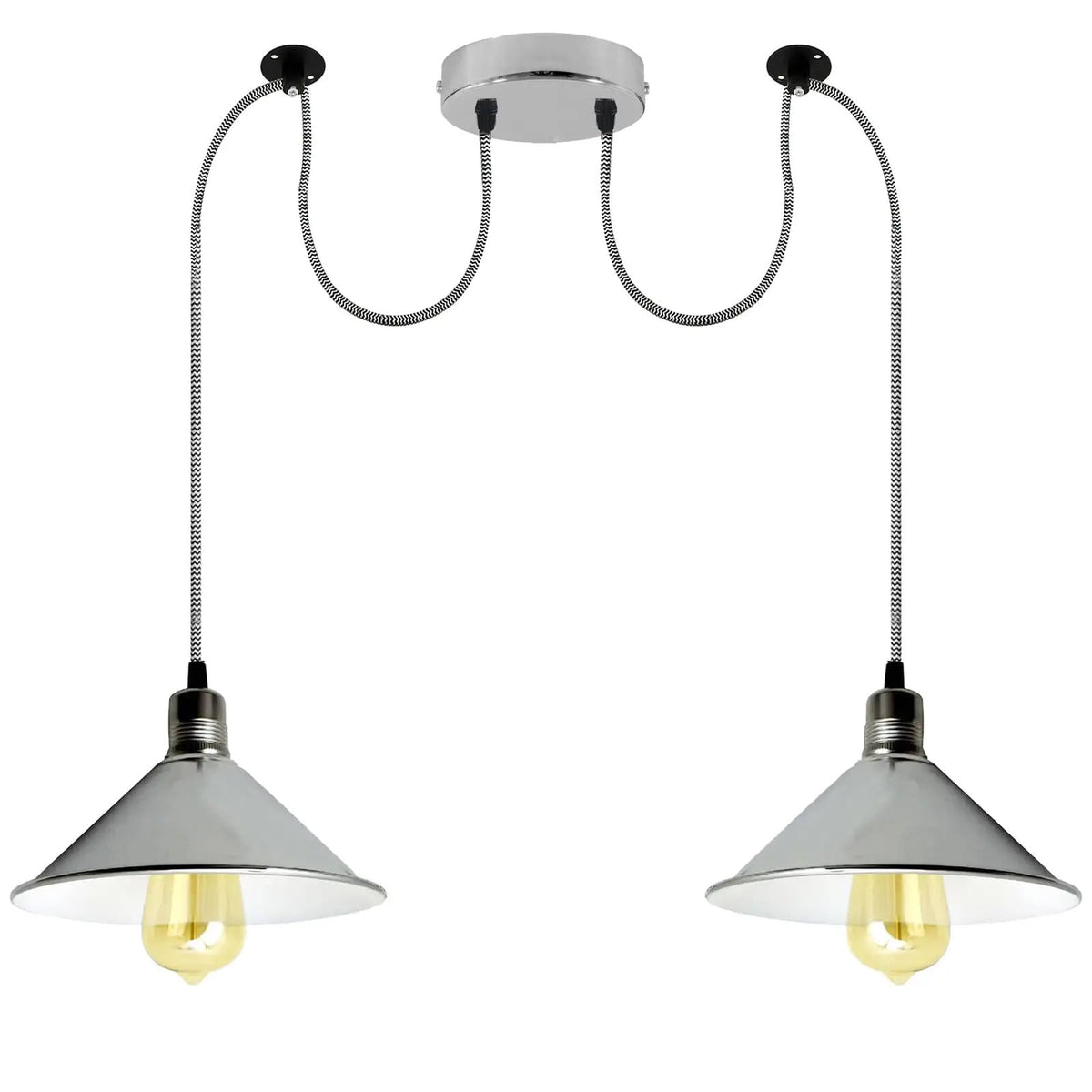 2-Light Swag Pendant – Chrome Flat Cone Shades, E27
