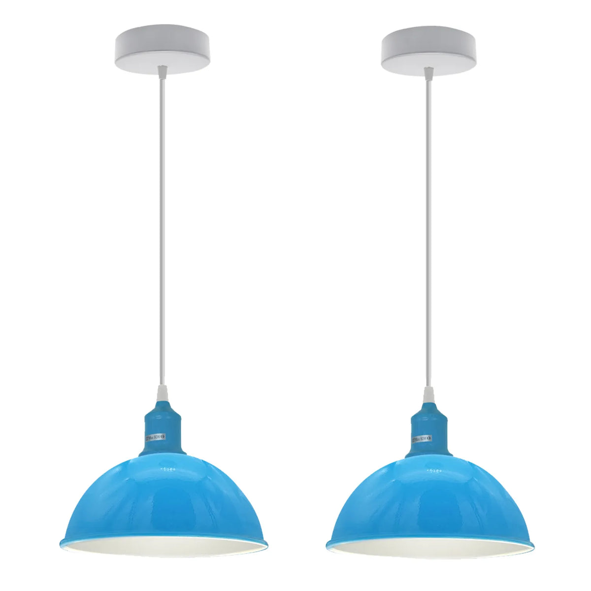 Coloured Pendant Light – Gloss Metal, Curvy or Barn Shades, 8 Colours - Blue, Dome 21 cm Blue Pack of 2, Without Bulb