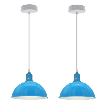 Coloured Pendant Light – Gloss Metal, Curvy or Barn Shades, 8 Colours - Blue, Dome 21 cm Blue Pack of 2, Without Bulb