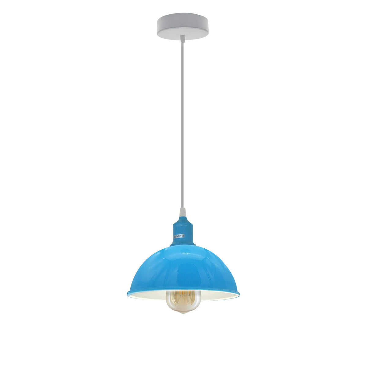 Coloured Pendant Light – Gloss Metal, Curvy or Barn Shades, 8 Colours - Blue, Dome 21 cm Blue, ST64 LED Bulb 4W