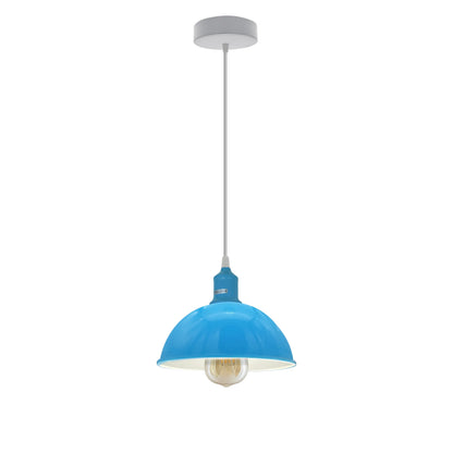 Coloured Pendant Light – Gloss Metal, Curvy or Barn Shades, 8 Colours - Blue, Dome 21 cm Blue, ST64 LED Bulb 4W