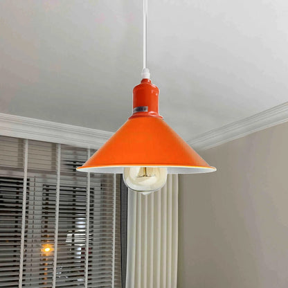Coloured Pendant Light – Gloss Metal, Curvy or Barn Shades, 8 Colours - Orange, Flat Cone 22 cm Orange, Without Bulb