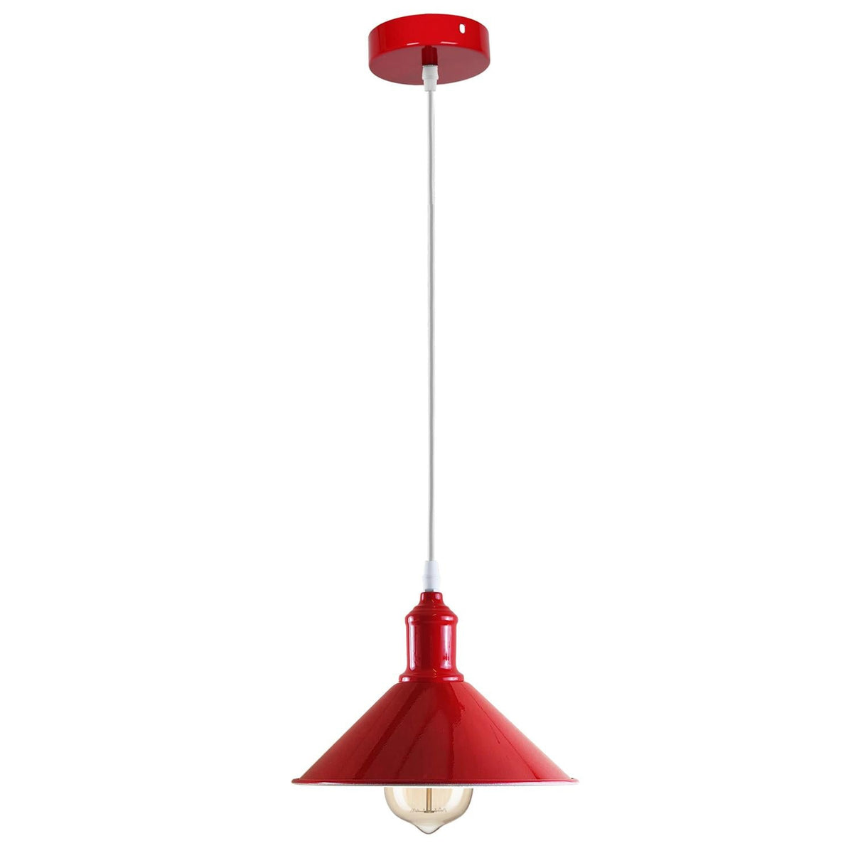 Coloured Pendant Light – Gloss Metal, Curvy or Barn Shades, 8 Colours - Red, Flat Cone 22 cm Red, Without Bulb