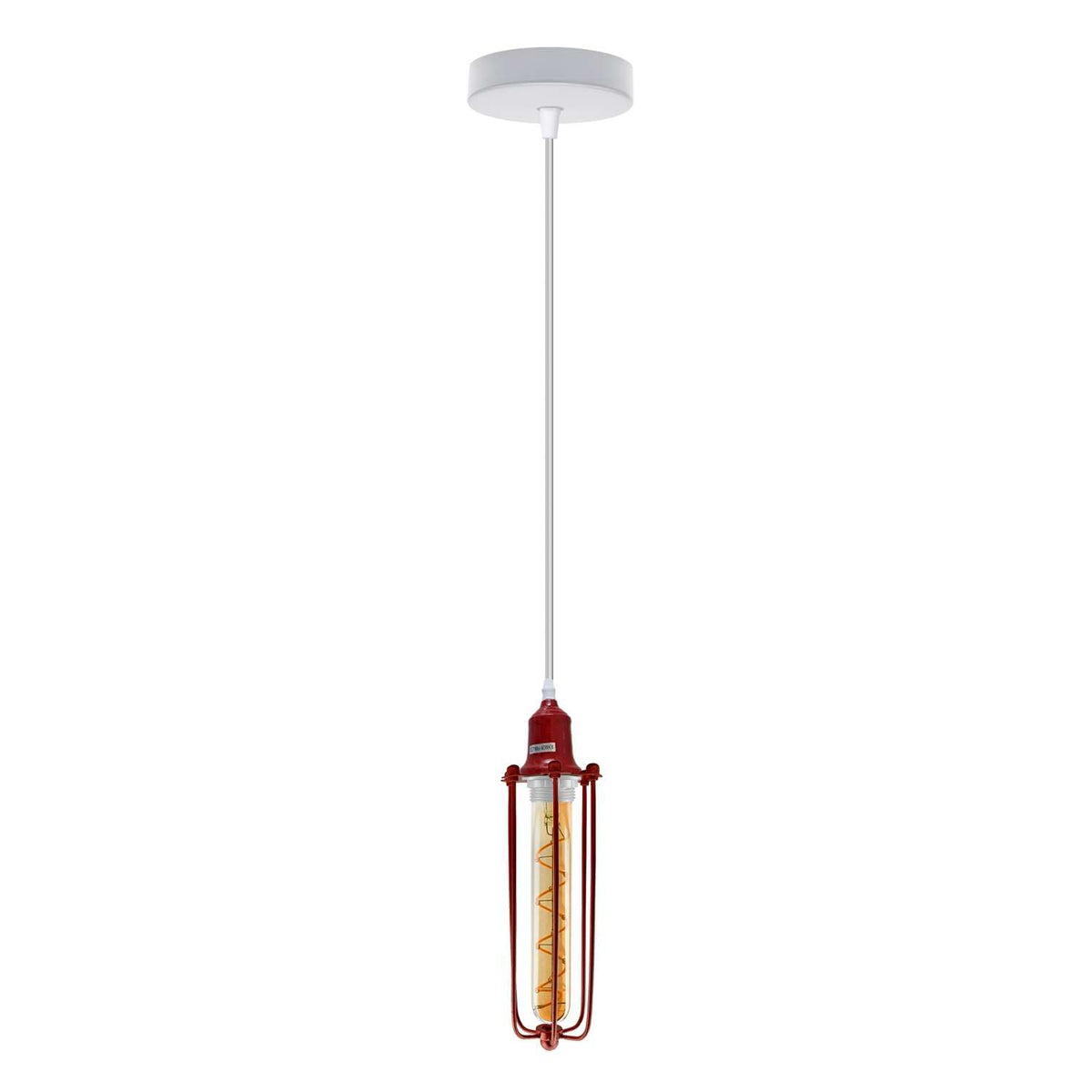 Coloured Pendant Light – Gloss Metal, Curvy or Barn Shades, 8 Colours - Red, Long Cage Red, ST185 LED Bulb 4W