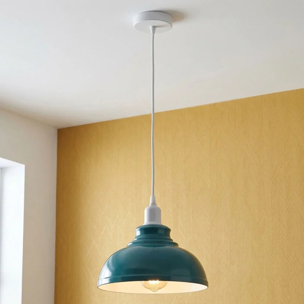Coloured Pendant Light – Gloss Metal, Curvy or Barn Shades, 8 Colours - White, Curvy 29 cm Cyan Blue, Without Bulb