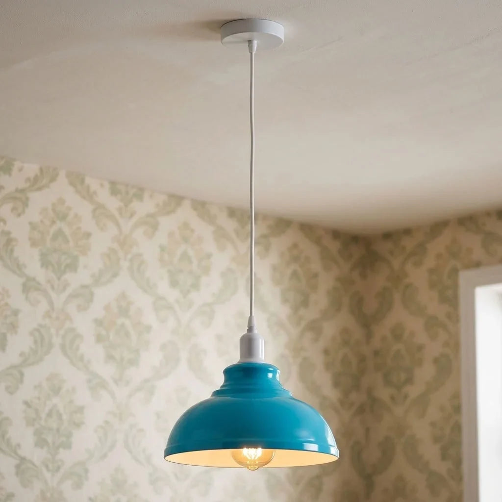 Coloured Pendant Light – Gloss Metal, Curvy or Barn Shades, 8 Colours - White, Curvy 29 cm Blue, Without Bulb