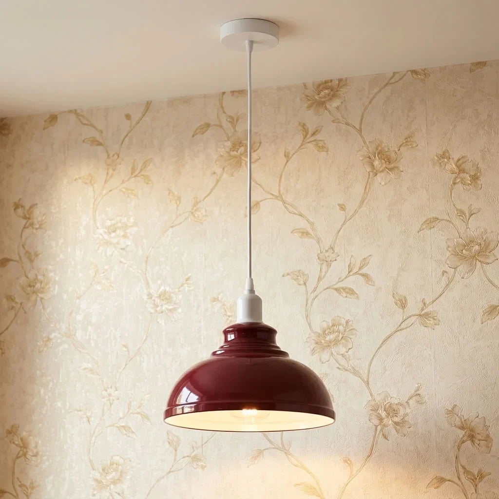 Coloured Pendant Light – Gloss Metal, Curvy or Barn Shades, 8 Colours - White, Curvy 29 cm Burgundy, Without Bulb