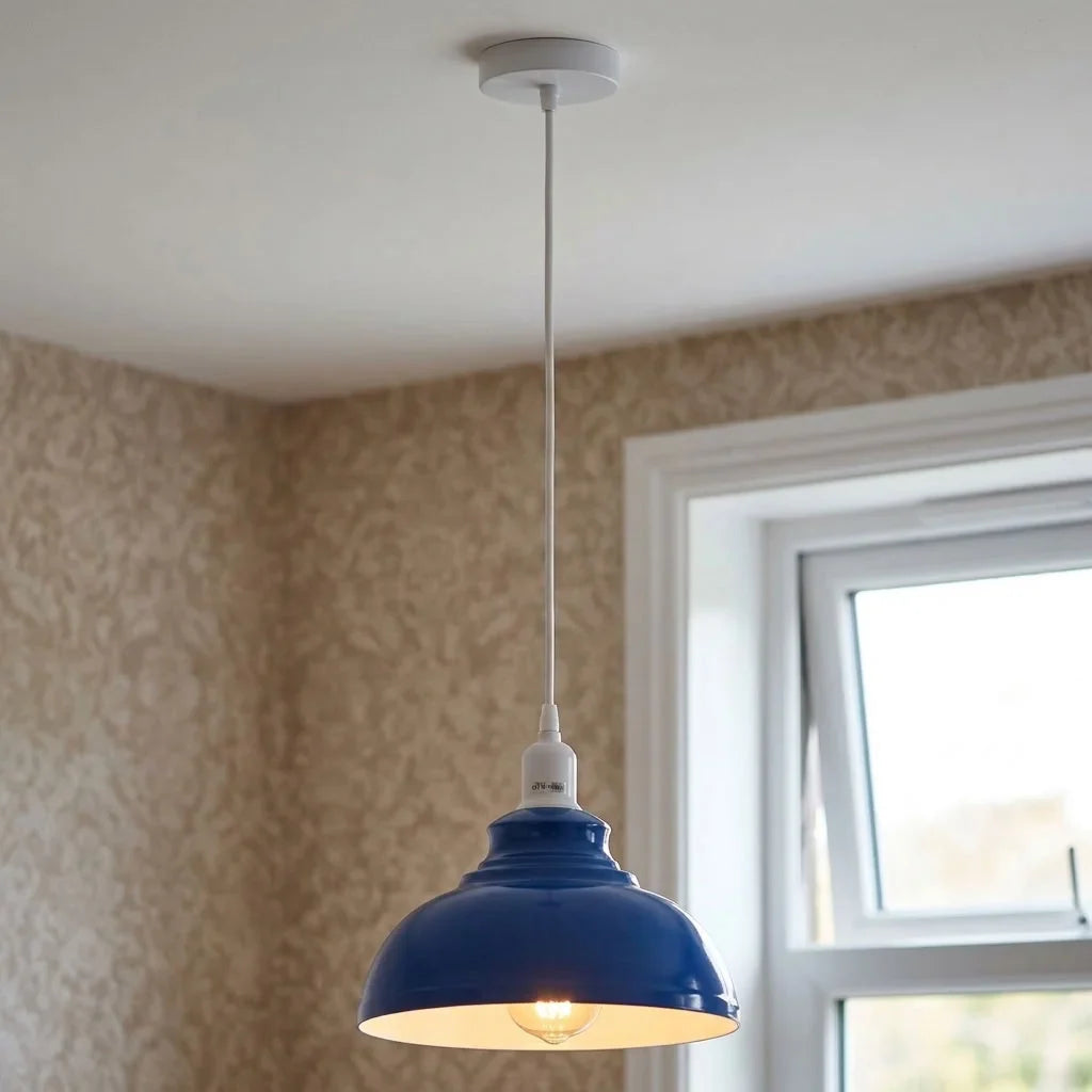 Coloured Pendant Light – Gloss Metal, Curvy or Barn Shades, 8 Colours - White, Curvy 29 cm Navy Blue, Without Bulb