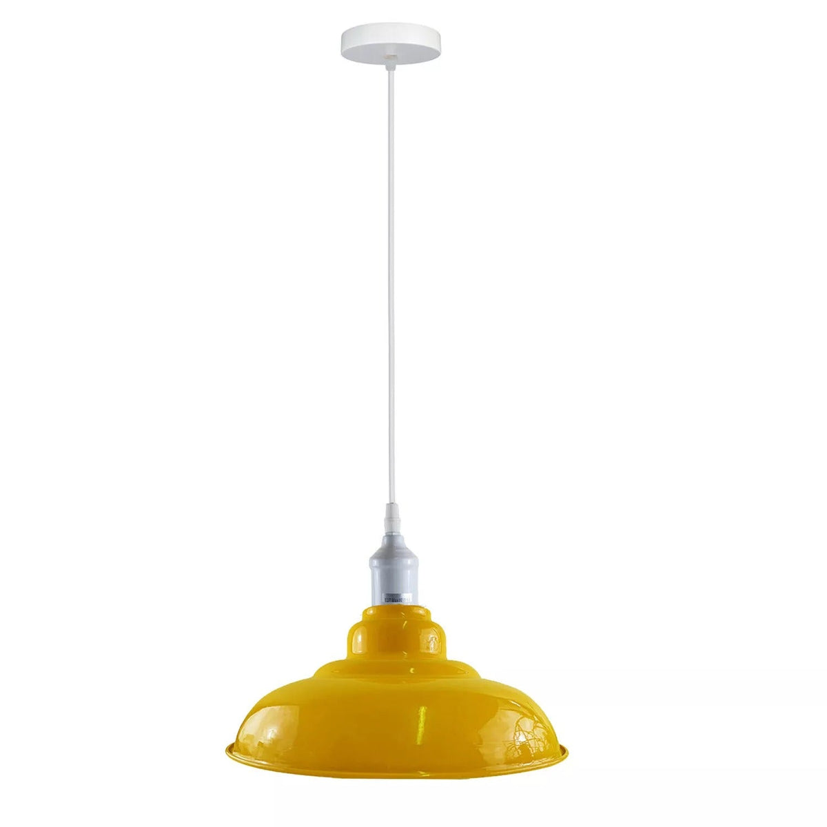 Coloured Pendant Light – Gloss Metal, Curvy or Barn Shades, 8 Colours - White, Gloss Metal 32 cm Yellow, Without Bulb