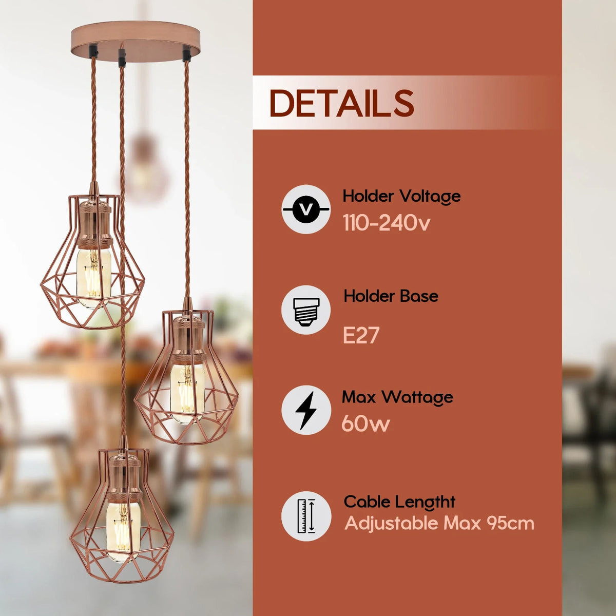 3-Light Cluster Pendant – Rose Gold Diamond Cages, E27 - photo 3