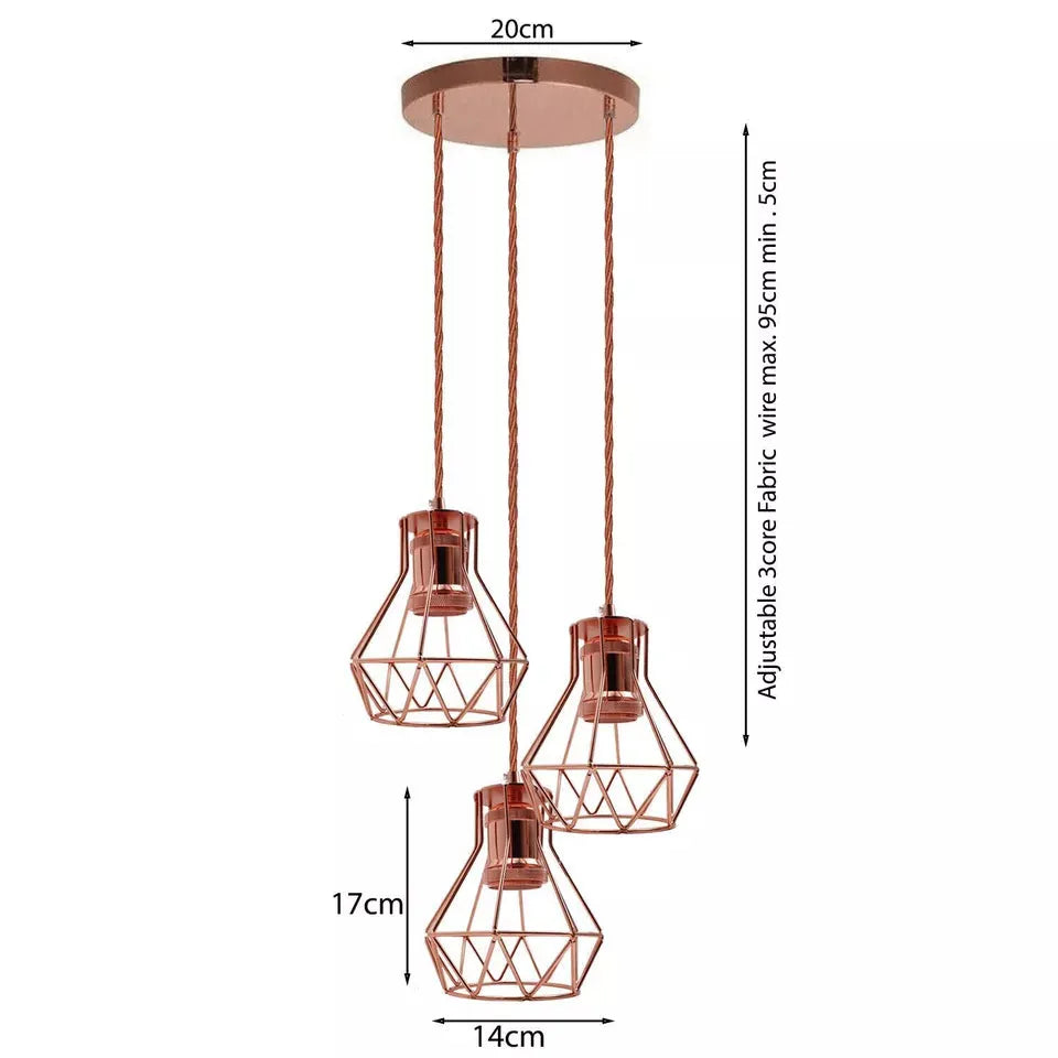 3-Light Cluster Pendant – Rose Gold Diamond Cages, E27 - photo 4