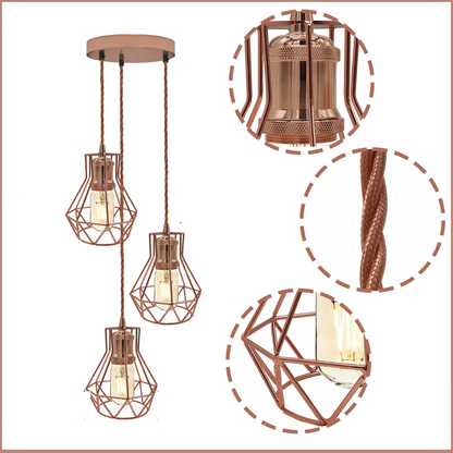 3-Light Cluster Pendant – Rose Gold Diamond Cages, E27 - photo 5