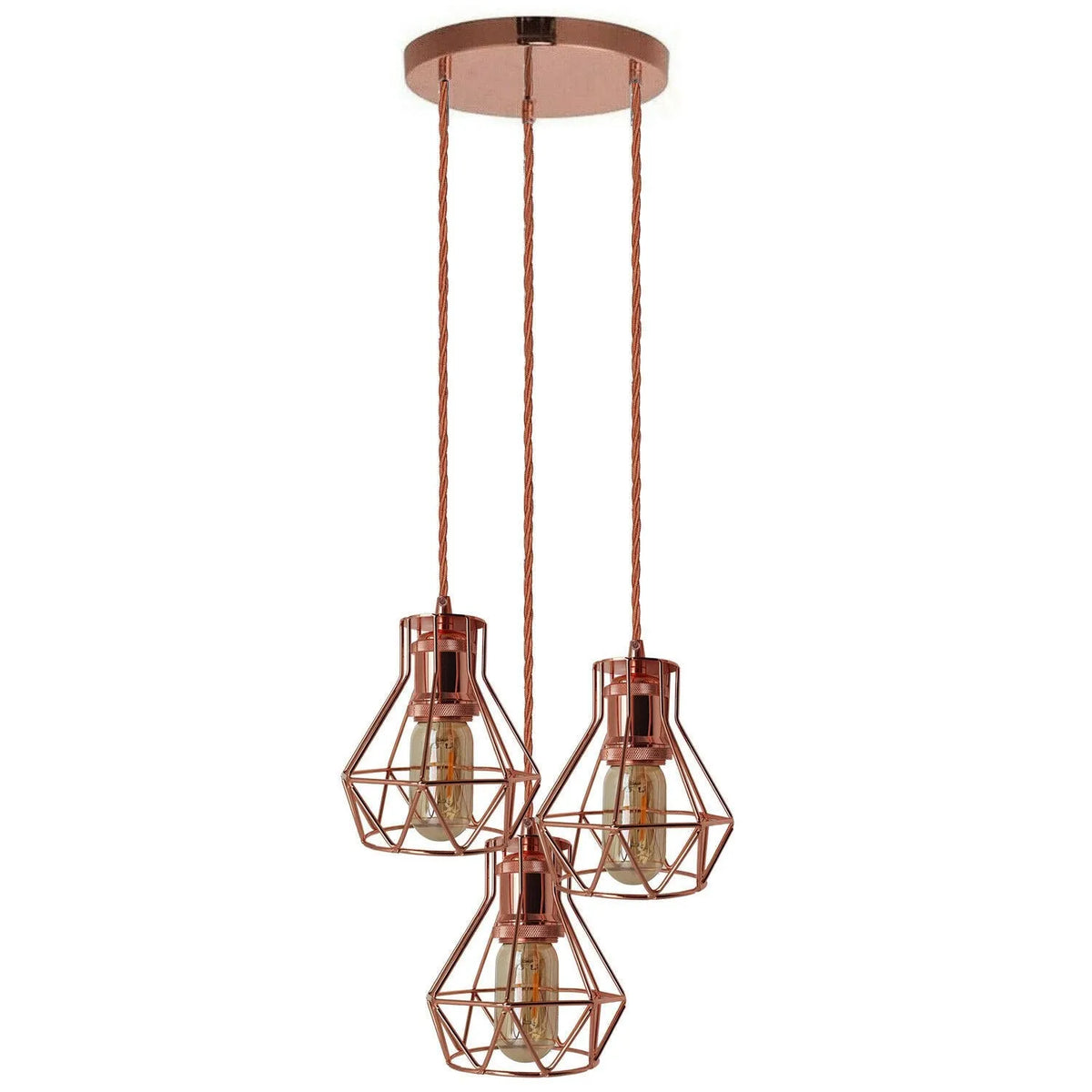 3-Light Cluster Pendant – Rose Gold Diamond Cages, E27 - Rose Gold, Diamond Cage Rose Gold, 3 x T45 LED Bulb 4W