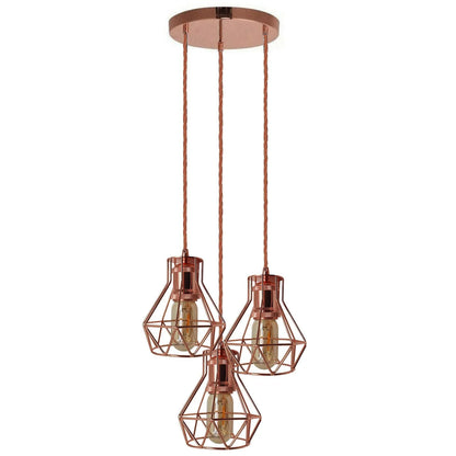 3-Light Cluster Pendant – Rose Gold Diamond Cages, E27 - Rose Gold, Diamond Cage Rose Gold, 3 x T45 LED Bulb 4W