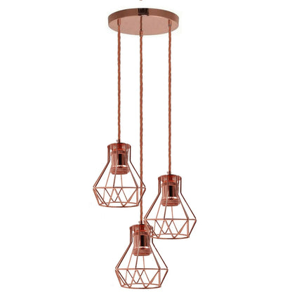 3-Light Cluster Pendant – Rose Gold Diamond Cages, E27 - Rose Gold, Diamond Cage Rose Gold, Without Bulb