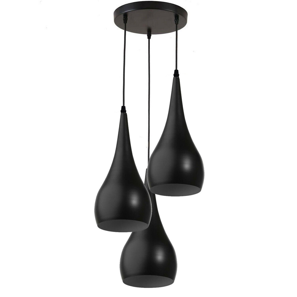 3-Light Teardrop Pendant – Black, Crystal-Studded or Plain, E27 - Black, Plain Teardrop 16 cm, Round Plate, Without Bulb