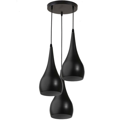 3-Light Teardrop Pendant – Black, Crystal-Studded or Plain, E27 - Black, Plain Teardrop 16 cm, Round Plate, Without Bulb
