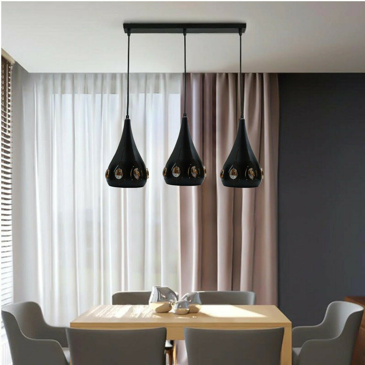 3-Light Teardrop Pendant – Black, Crystal-Studded or Plain, E27 - Black, Crystal Teardrop 13.5 cm, Ceiling Bar, Without Bulb