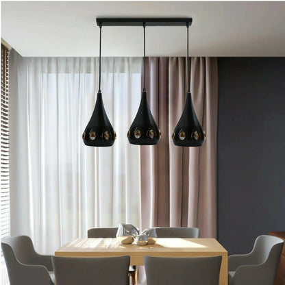 3-Light Teardrop Pendant – Black, Crystal-Studded or Plain, E27 - Black, Crystal Teardrop 13.5 cm, Ceiling Bar, Without Bulb