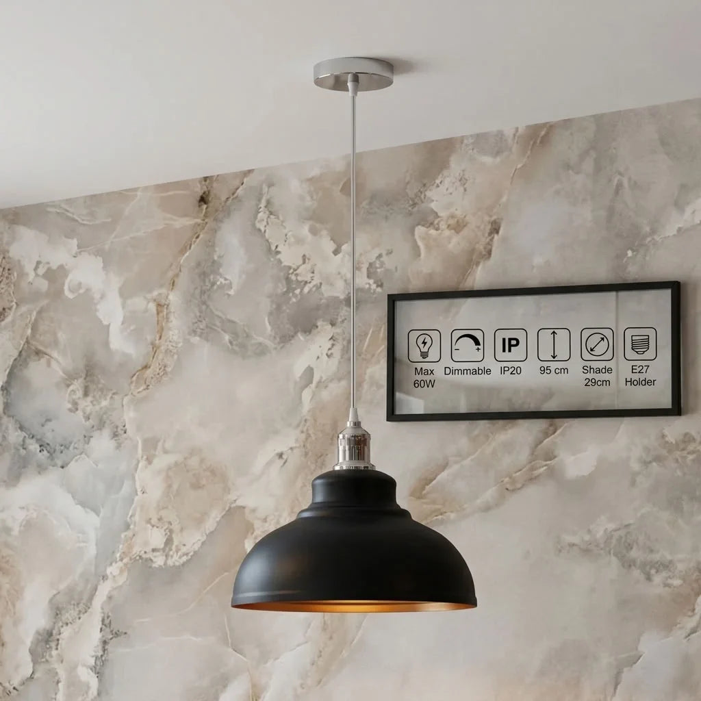 Retro Metal Pendant Light – Curvy, Gloss or Cone Shade, 3 Finishes - Chrome, Curvy 29 cm Black & Gold, Without Bulb