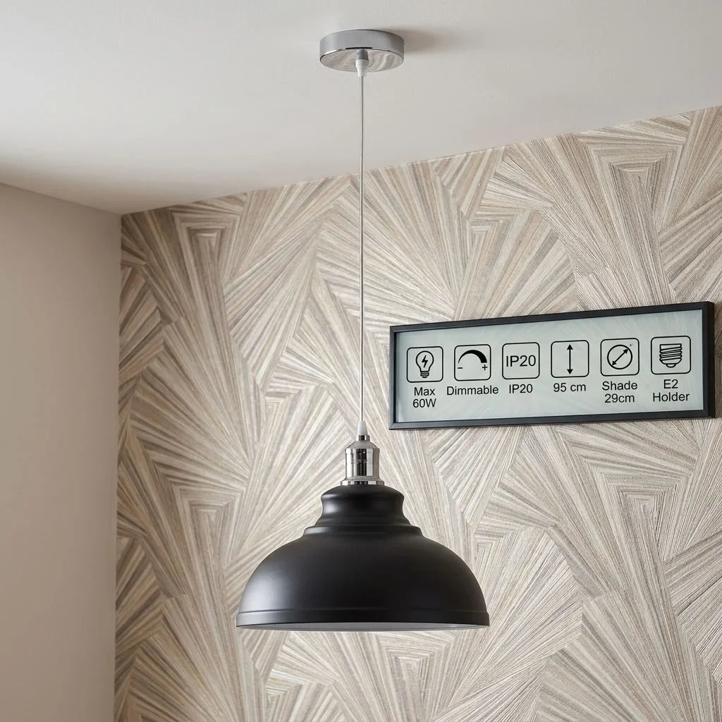 Retro Metal Pendant Light – Curvy, Gloss or Cone Shade, 3 Finishes - Chrome, Curvy 29 cm Black & White Inner, Without Bulb