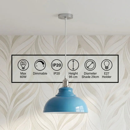 Retro Metal Pendant Light – Curvy, Gloss or Cone Shade, 3 Finishes - Chrome, Curvy 29 cm Blue, Without Bulb