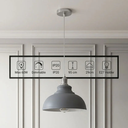 Retro Metal Pendant Light – Curvy, Gloss or Cone Shade, 3 Finishes - Chrome, Curvy 29 cm Grey, Without Bulb
