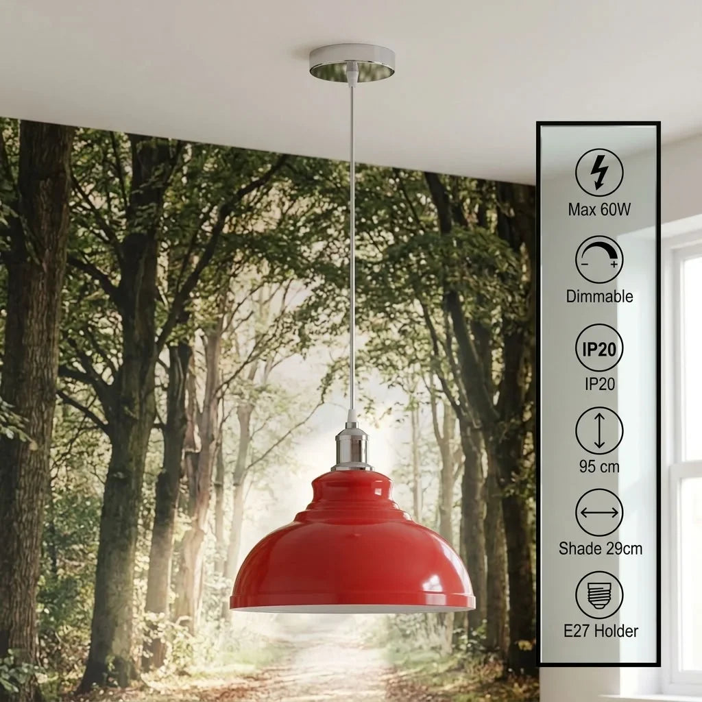 Retro Metal Pendant Light – Curvy, Gloss or Cone Shade, 3 Finishes - Chrome, Curvy 29 cm Red, Without Bulb