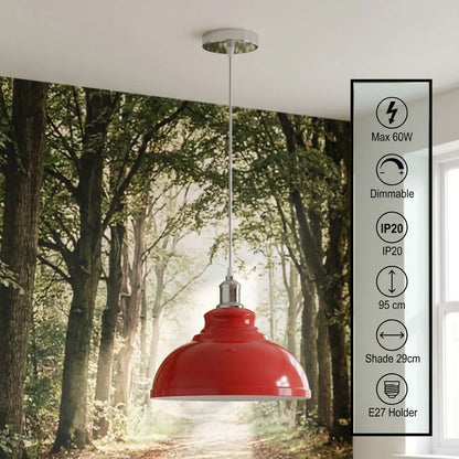 Retro Metal Pendant Light – Curvy, Gloss or Cone Shade, 3 Finishes - Chrome, Curvy 29 cm Red, Without Bulb