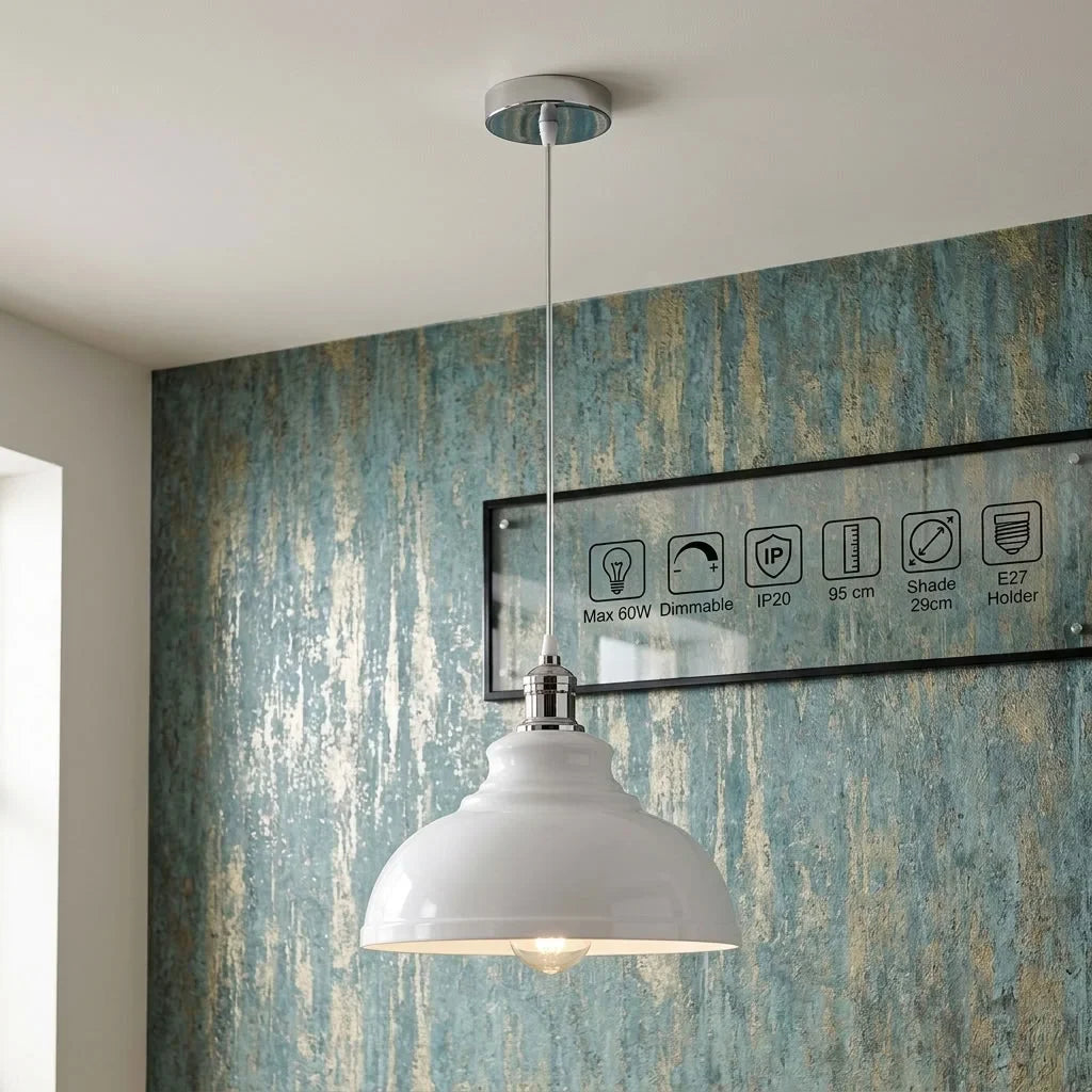 Retro Metal Pendant Light – Curvy, Gloss or Cone Shade, 3 Finishes - Chrome, Curvy 29 cm White, Without Bulb