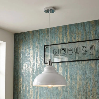 Retro Metal Pendant Light – Curvy, Gloss or Cone Shade, 3 Finishes - Chrome, Curvy 29 cm White, Without Bulb