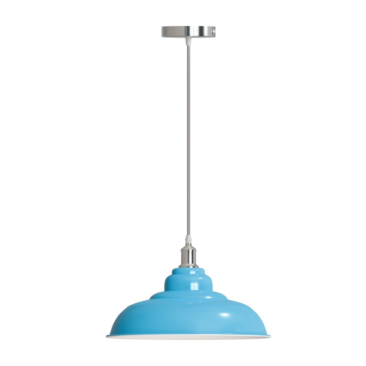 Retro Metal Pendant Light – Curvy, Gloss or Cone Shade, 3 Finishes - Chrome, Gloss Metal 32 cm Light Blue, ST64 LED Bulb 4W
