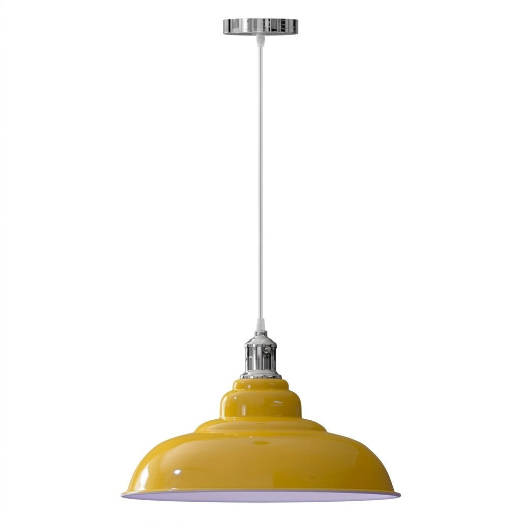 Retro Metal Pendant Light – Curvy, Gloss or Cone Shade, 3 Finishes - Chrome, Gloss Metal 32 cm Yellow, ST64 LED Bulb 4W