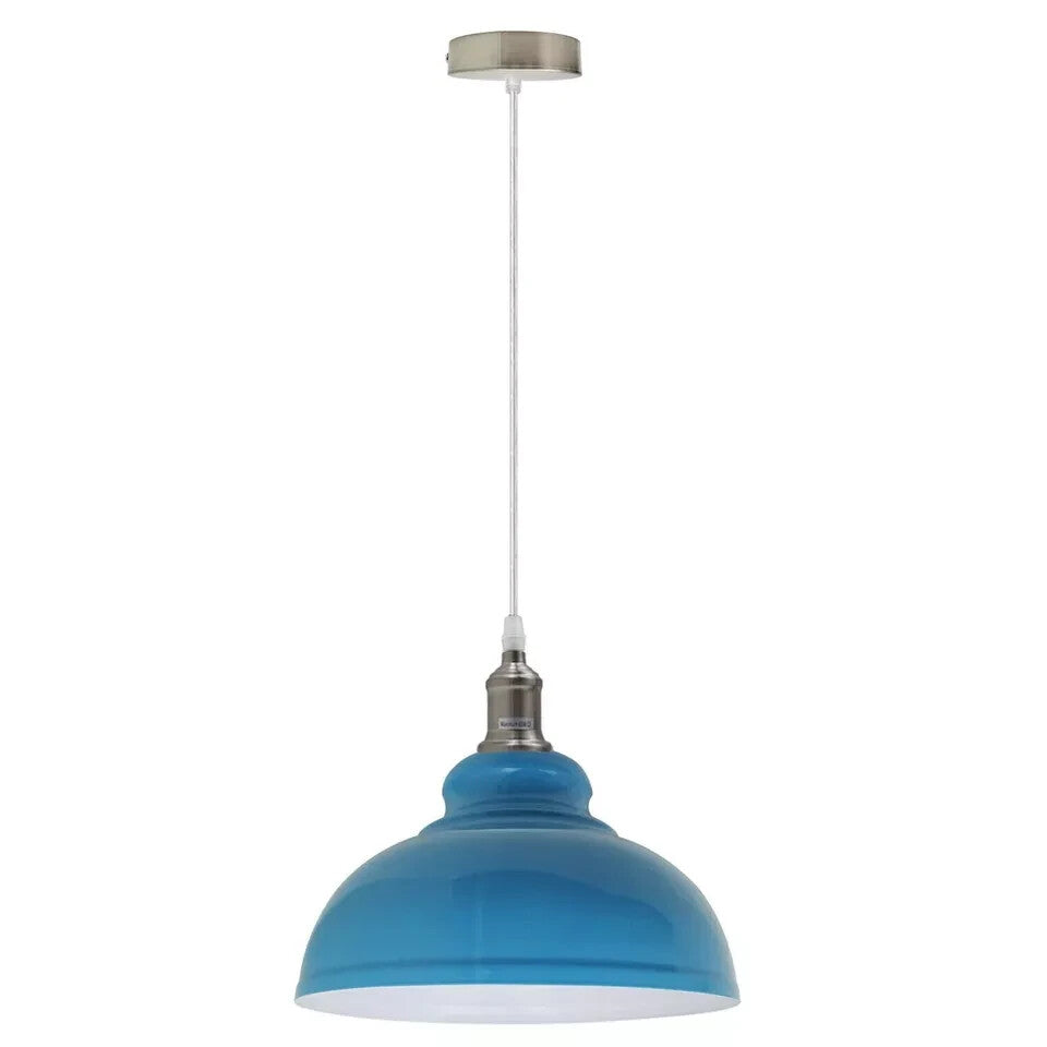 Retro Metal Pendant Light – Curvy, Gloss or Cone Shade, 3 Finishes - Satin Nickel, Curvy 29 cm Blue, Without Bulb