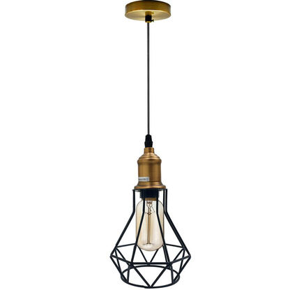 Retro Metal Pendant Light – Curvy, Gloss or Cone Shade, 3 Finishes - Yellow Brass, Geometric Cage Black, Without Bulb