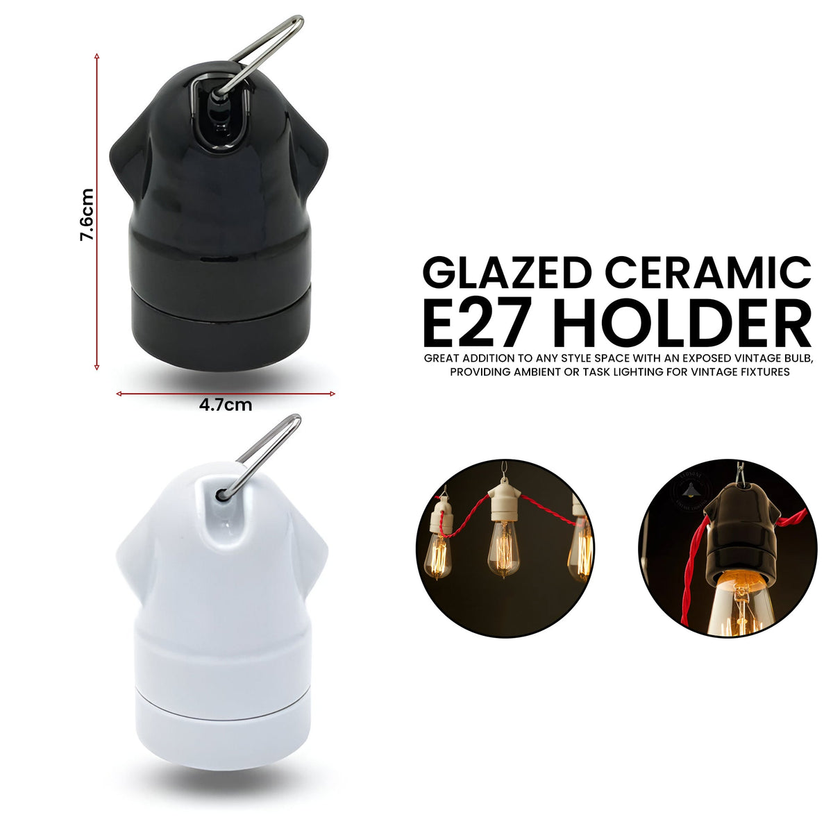 Glazed Ceramic E27 Lamp Holder with Hanging Loop – Black or White
