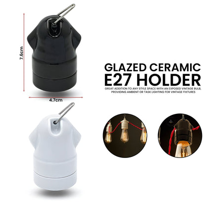 Glazed Ceramic E27 Lamp Holder with Hanging Loop – Black or White