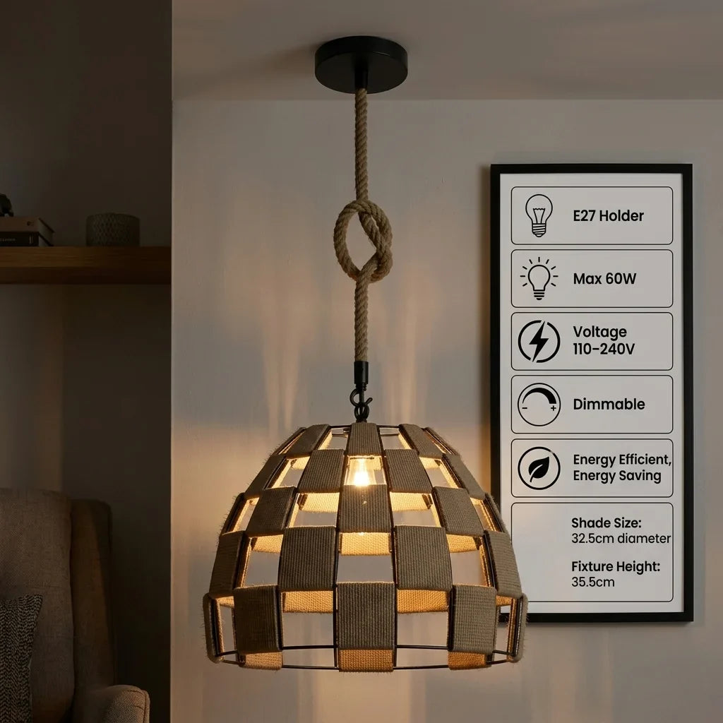 1 m Hemp Rope Pendant Light – Metal, Glass or Hemp Shades, E27 - Black, 3 Head 32.5 cm Hemp, Without Bulb