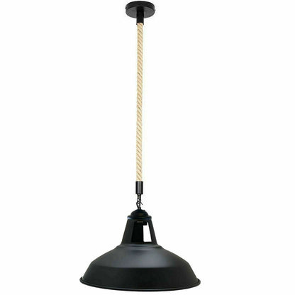 1 m Hemp Rope Pendant Light – Metal, Glass or Hemp Shades, E27 - Black, Barn Slotted 30 cm Black, Without Bulb