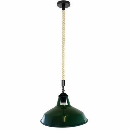 1 m Hemp Rope Pendant Light – Metal, Glass or Hemp Shades, E27 - Black, Barn Slotted 30 cm Green, Without Bulb