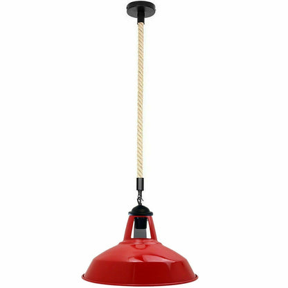 1 m Hemp Rope Pendant Light – Metal, Glass or Hemp Shades, E27 - Black, Barn Slotted 30 cm Red, Without Bulb