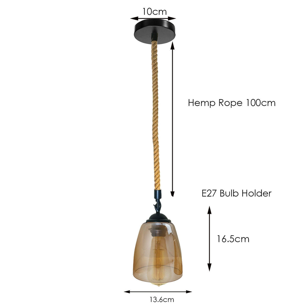 1 m Hemp Rope Pendant Light – Metal, Glass or Hemp Shades, E27 - Black, Bell Glass 13.6 cm Amber, Without Bulb
