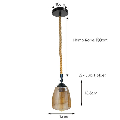 1 m Hemp Rope Pendant Light – Metal, Glass or Hemp Shades, E27 - Black, Bell Glass 13.6 cm Amber, Without Bulb