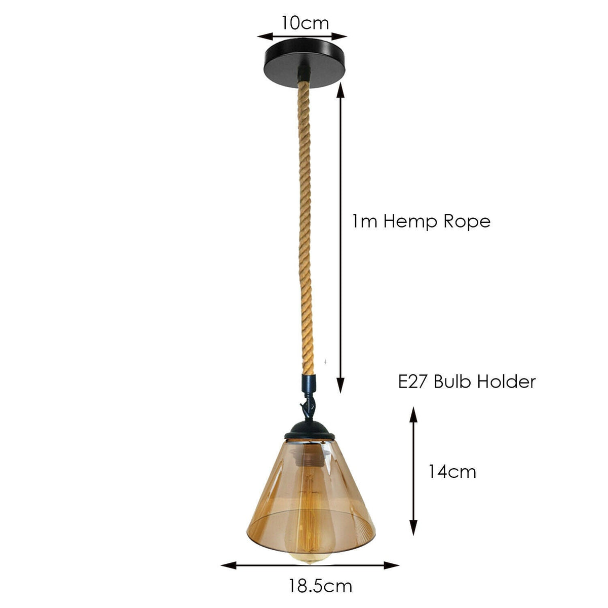 1 m Hemp Rope Pendant Light – Metal, Glass or Hemp Shades, E27 - Black, Cage 18.5 cm Amber, Without Bulb